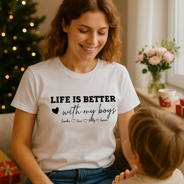 Camisa Personalizada da Mamãe com Nomes dos Filhos (Custom Life is Better With My Boys Sweatshirt and Hoodie, Mom Shirt)