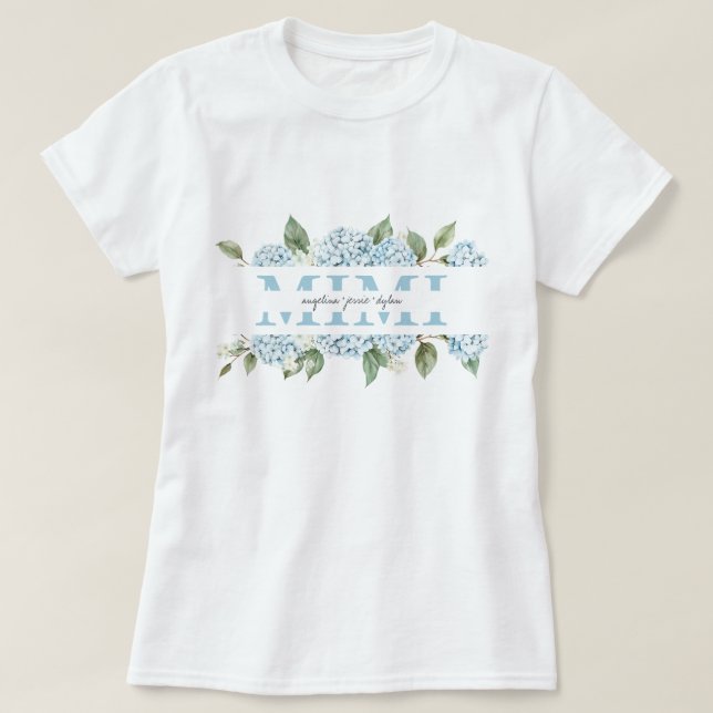Camisa Presente Avó Nomes dos Netos Hortênsias Azu (Frente do Design)
