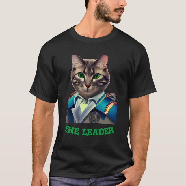 Camisa Preta Divertida do Chefe Gato de Terno (Frente)
