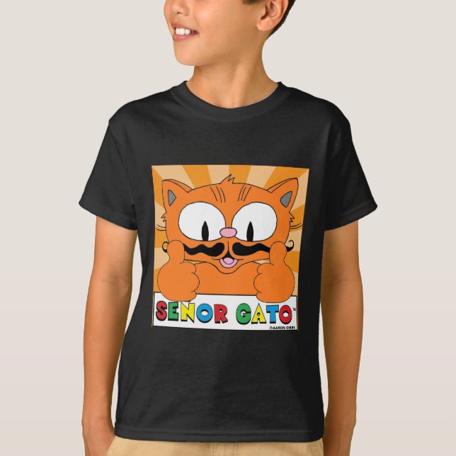 Camisa Preta Gato Bigode de Desenho Animado Dando  (Frente)