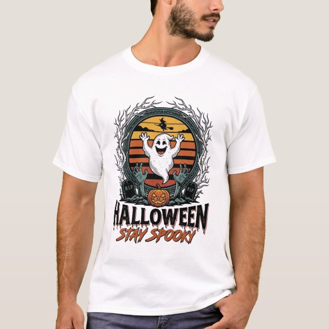 Camisa Retro de Halloween com Desenho de Fantasma  (Frente)