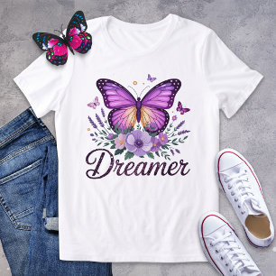 Camisa Sonhadora de Borboleta Roxa com Design Flor