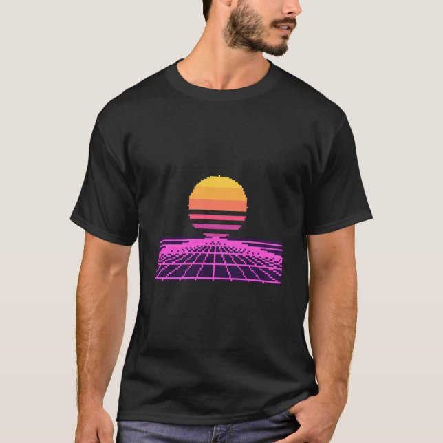 Camisa Synthwave Neon Sunset Grid Retro 80s (Frente)