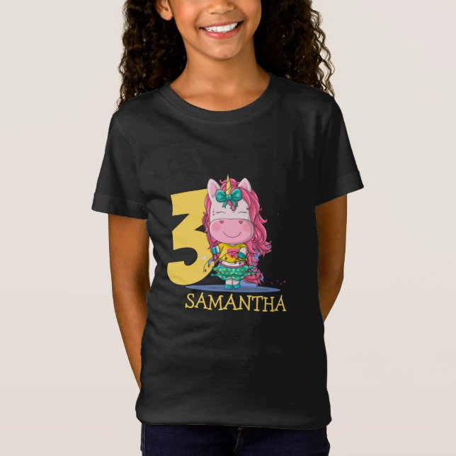 Camisa T-aniversário de 3 anos Unicorn amarela (Frente)