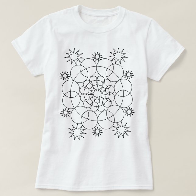 Camisa T - Círculos e Estrelas Mandala para Cor (Frente do Design)