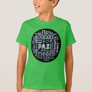 Camisa T com paz crônica em várias línguas