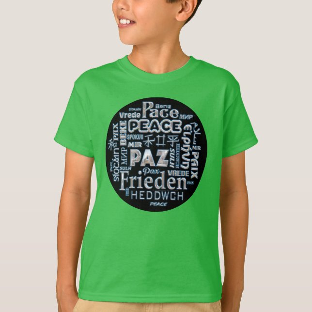 Camisa T com paz crônica em várias línguas (Frente)
