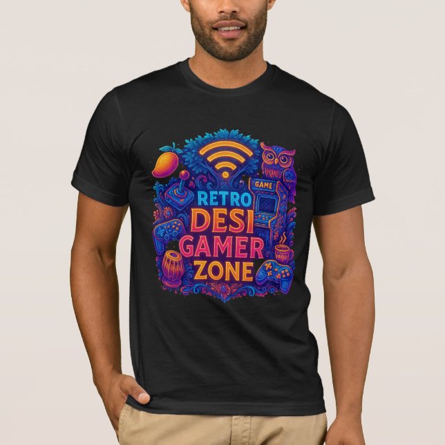 Camisa T da Zona de Jogos Retro Desi - Design de J (Frente)
