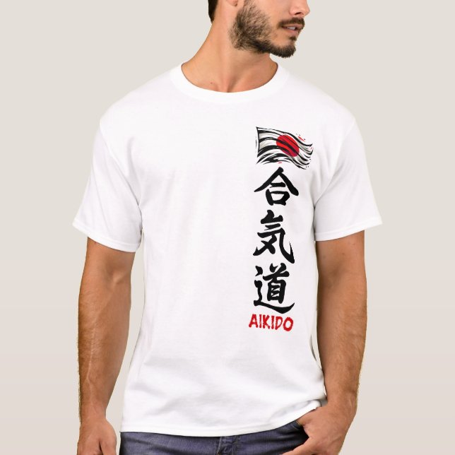 Camisa T De Aikido Kanji Com Sinalizador Japonês (Frente)