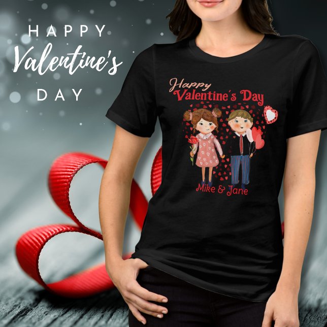 Camisa-T Preta Casal Feliz Namorados  (Cute Couple Happy Valentine Black T-Shirt Tri-Blend Shirt)