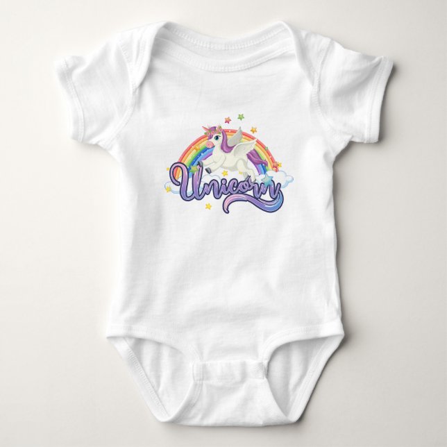 Camisa Unicórnio Arco-Íris Bebê Body Manga Longa (Frente)
