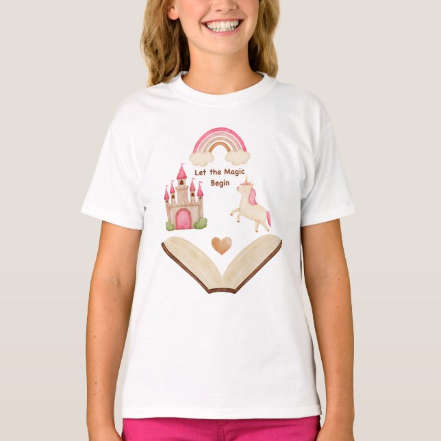 Camisa Unicórnio Castelo Arco-Íris Menina | Conto  (Frente)
