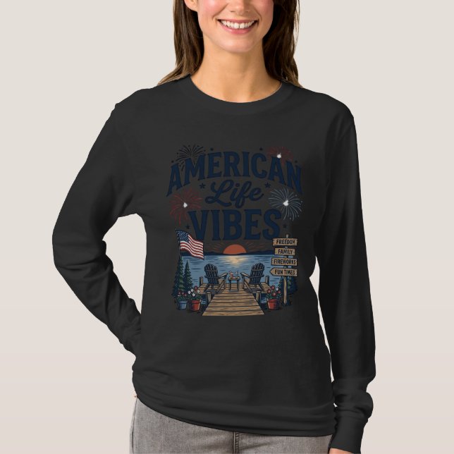 Camisa Vector do Lago Patriótico Vibes da Vida Ame (Frente)