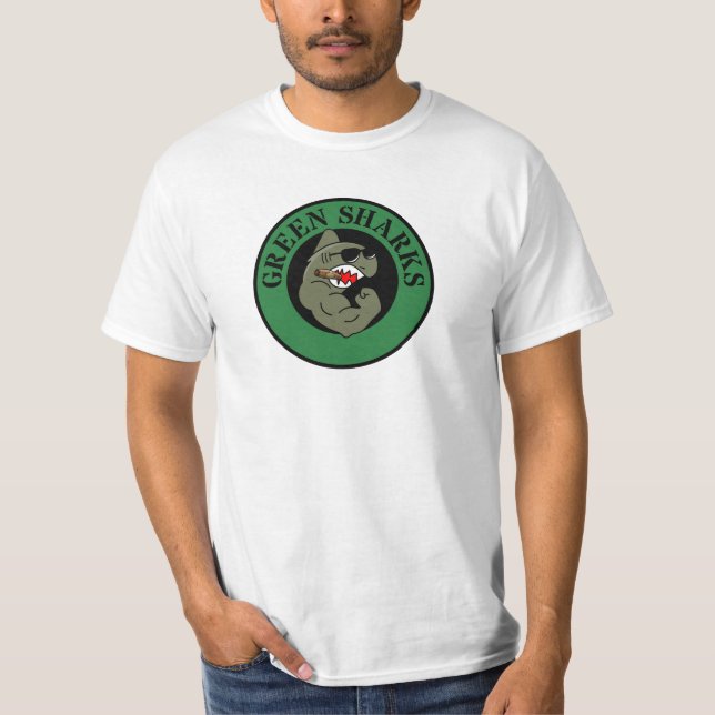 camisa verde-escura de tubarões (Frente)