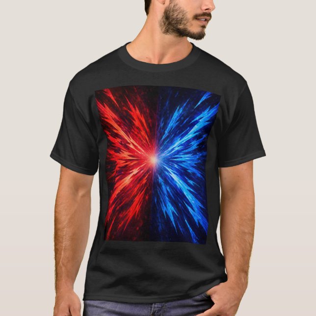 camisa vermelha azul, camisa de explosão abstrata, (Frente)