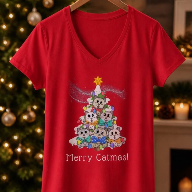 Camisa Vermelha com Decote em V 'Um Feliz Catnatal (Criador carregado)