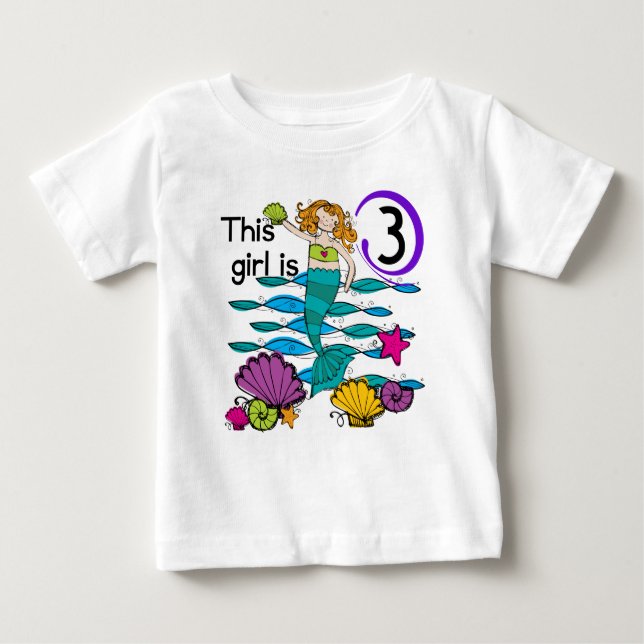 Camisas de aniversário de 3 anos de sereia e prese (Frente)