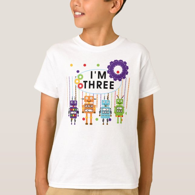 Camisas de aniversário de 3 anos robô e presentes (Frente)