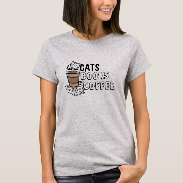 Camisas Gatos Livros Café - Camiseta Engraçada par (Frente)