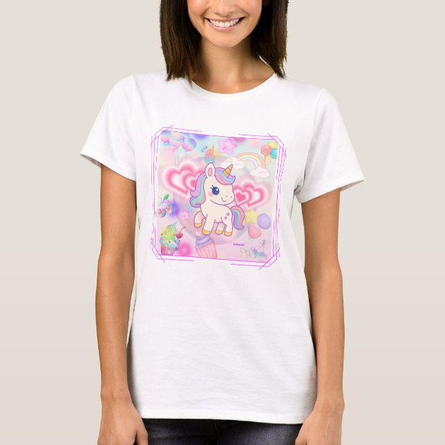 CAMISETA かわいいピンクのゆるふわユニコーン♡ (Frente)