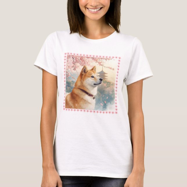 CAMISETA かわいい柴犬の手書き風イラスト桜♡レディース (Frente)