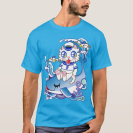 CAMISETA イルカに乗った水兵の白猫さん♪