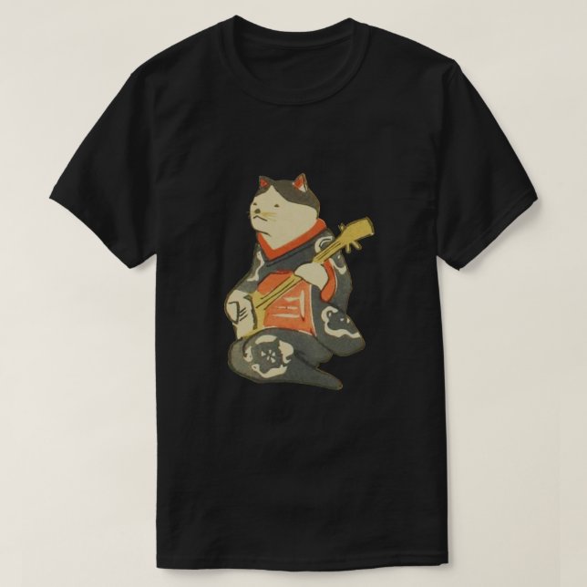 Camiseta 三味線を弾く猫, gato do 国芳 que joga a guitarra, (Frente do Design)