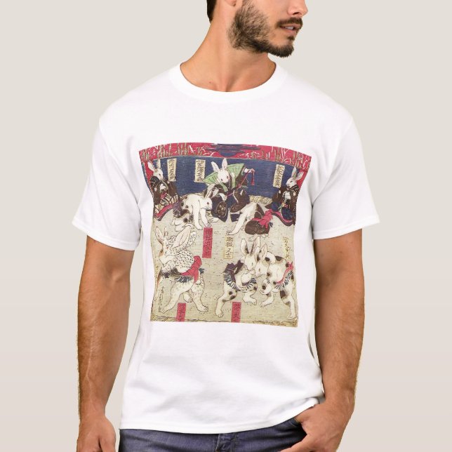 Camiseta 兎の相撲, coelhos do Sumo do 芳藤, Yoshifuji, Ukiyo-e (Frente)