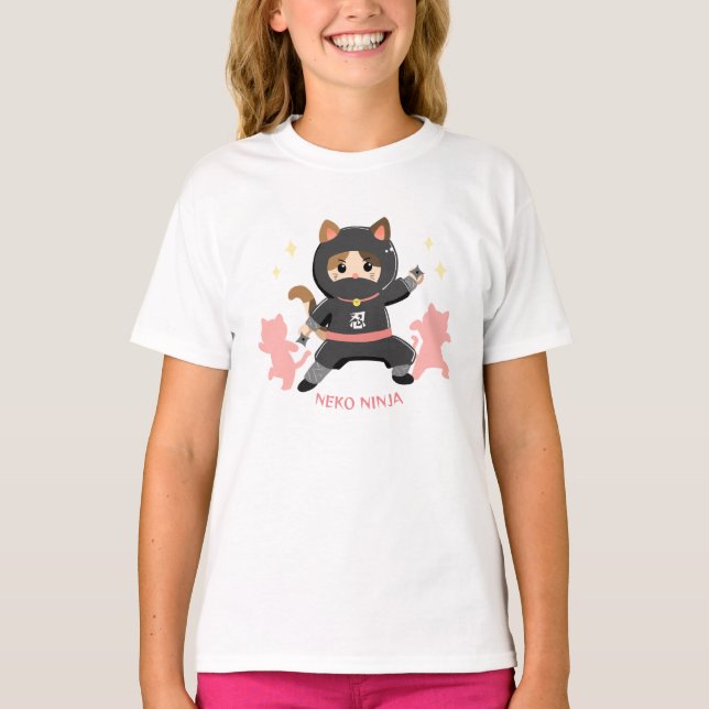 Camiseta 可愛い猫忍者 日本 ピンク Cat Ninja from Japan Pink (Frente)