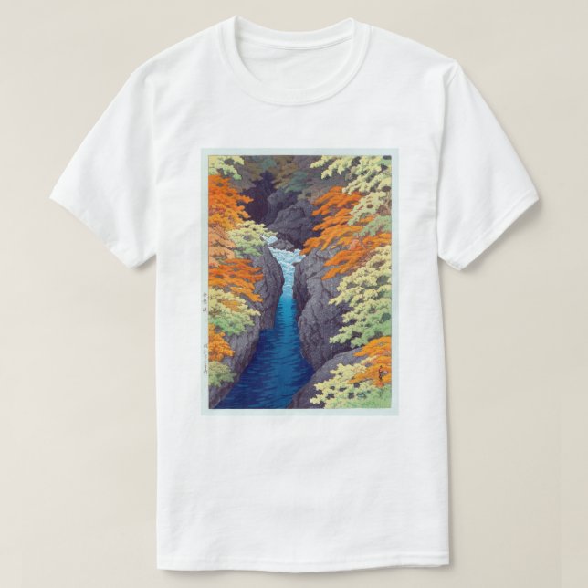 Camiseta 吾 妻 峡, Azuma Gorge, Hasui Kawase, Woodcut (Frente do Design)