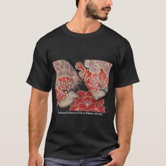 CAMISETA 日本の伝統的着物生地　かっこいい獅子と牡丹のTシャツ