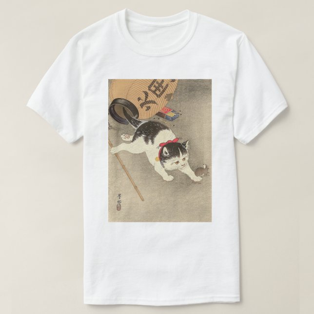 Camiseta 猫, rato de travamento do gato do 古邨, Ohara Koson, (Frente do Design)