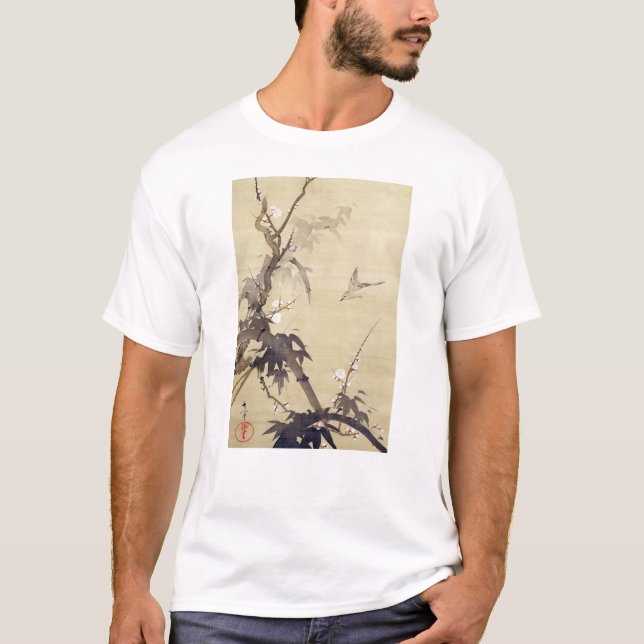 Camiseta 竹に鳥, pássaro do 其一 e bambu, Kiitsu, arte de Japão (Frente)