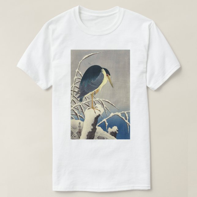 Camiseta 雪に青サギ, garça-real azul na neve, Ohara Koson do (Frente do Design)