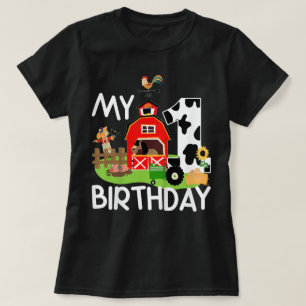 Camiseta 1º Aniversário Trator de Fazenda Porco Cavalo Vaca