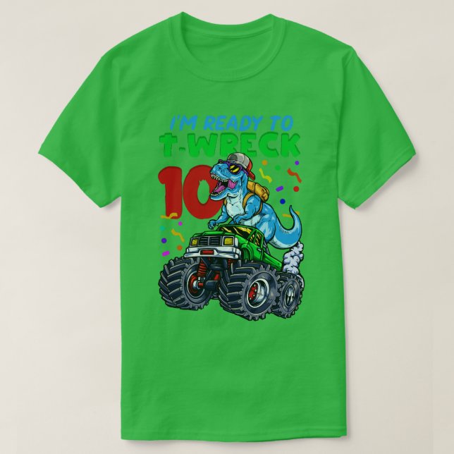Camiseta 10º Aniversário Monster Truck T Rex (Frente do Design)