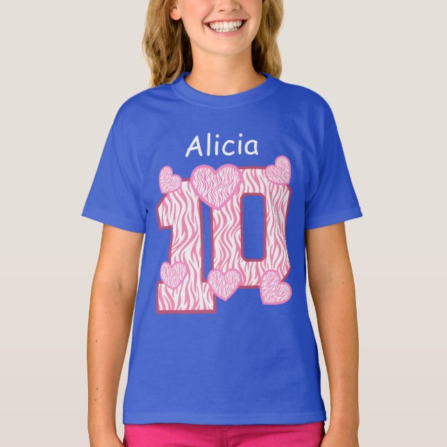 Camiseta 10º aniversário Zebra PINK Hearts Nome Personaliza (Frente)