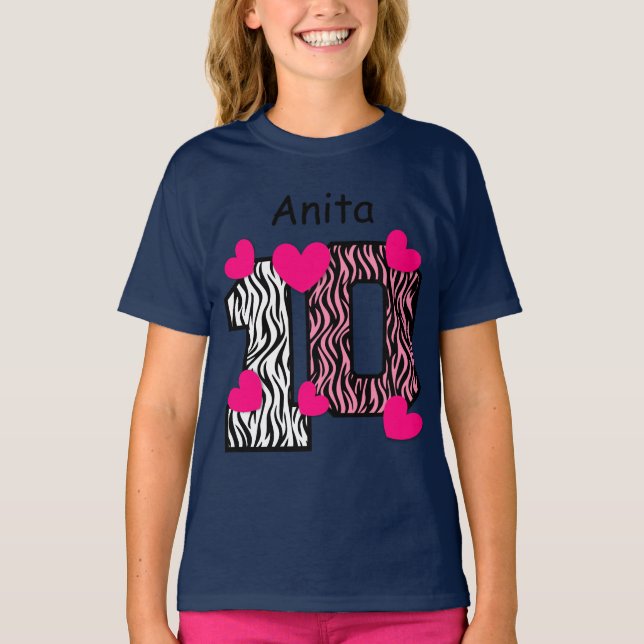 Camiseta 10º Aniversário, Zebra Rosa, Nome Personalizado V0 (Frente)