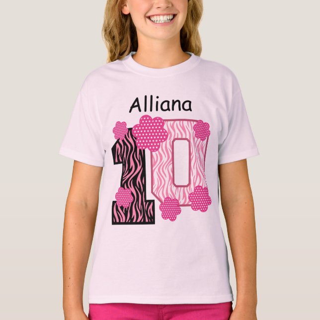 Camiseta 10º Aniversário, Zebra Rosa, Nome Personalizado V0 (Frente)