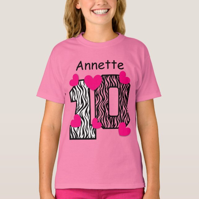 Camiseta 10º Aniversário, Zebra Rosa, Nome Personalizado V0 (Frente)