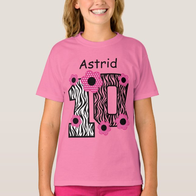 Camiseta 10º Aniversário, Zebra Rosa, Nome Personalizado V0 (Frente)