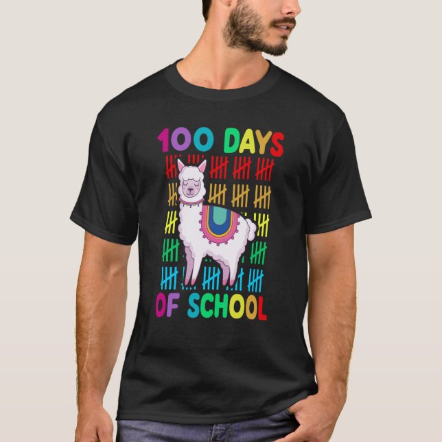 Camiseta 100.º Dia da Escola Lama Animal Feliz 100.º Dia K (Frente)