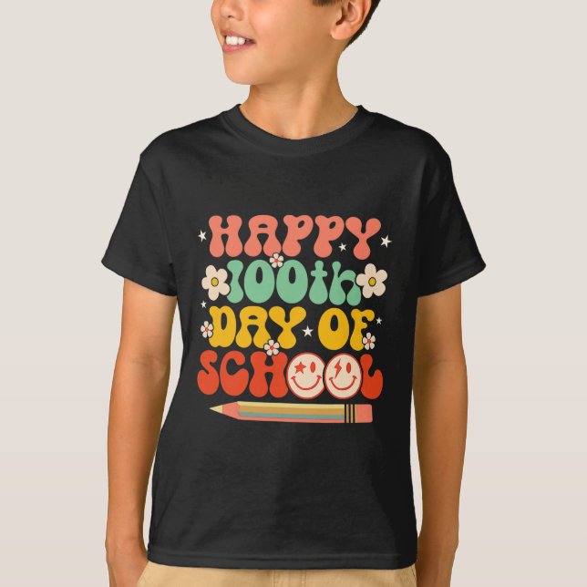 Camiseta 100.º Dia De Professores Crianças Retro Groovy 100 (Frente)