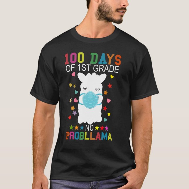 Camiseta 100 Days of 1st Grade No Probllama Llama Mask Quar (Frente)