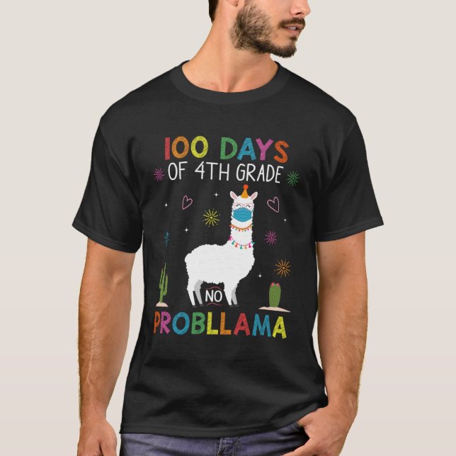 Camiseta 100 Days of 4th Grade No Probllama Llama Mask Quar (Frente)