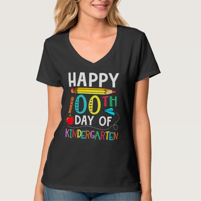 Camiseta 100 Days Of Kindergarten Happy 100th Day Of School (Frente)