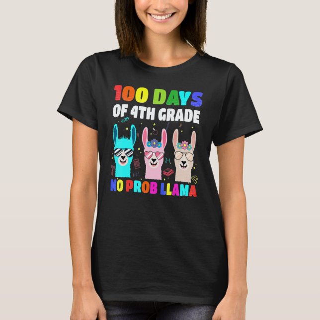 Camiseta 100 Days Of School 4th Grade No Probllama Llama Bo (Frente)