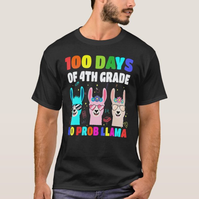 Camiseta 100 Days Of School 4th Grade No Probllama Llama Bo (Frente)