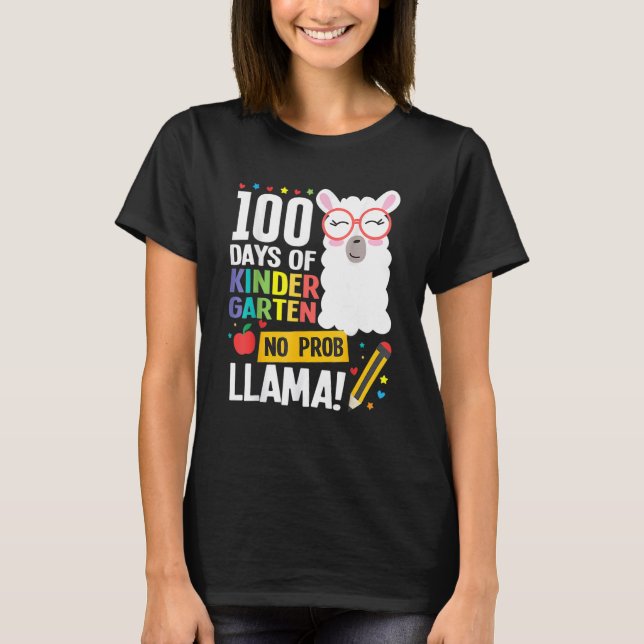 Camiseta 100 Days Of School Kindergarten Llama Girl Boy No  (Frente)