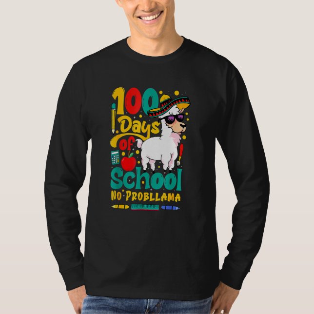 Camiseta 100 Days Of School No Probllama Llama Teachers Stu (Frente)
